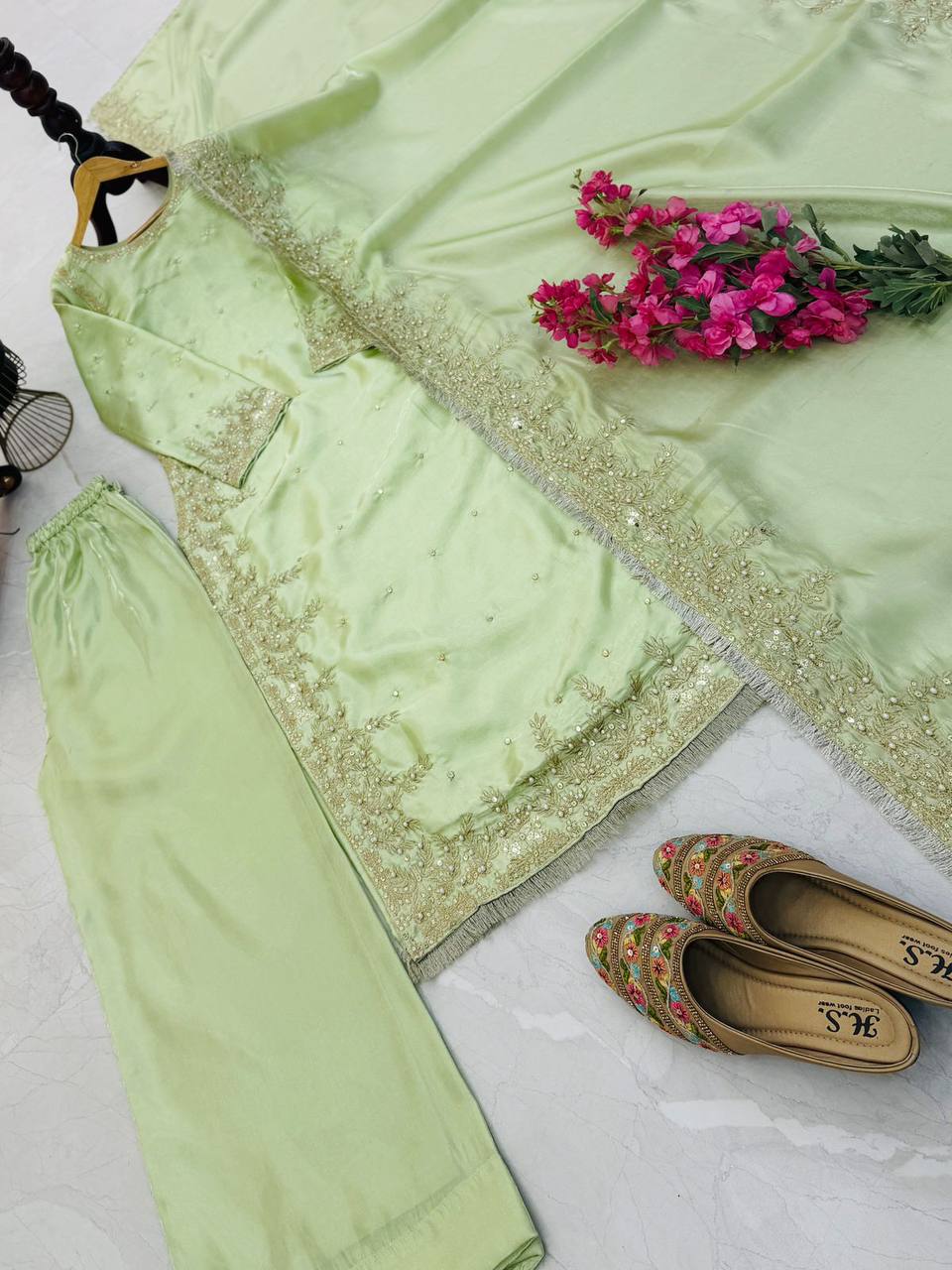 Pista Green Color Party Wear Embroidery Work Palazzo Suit