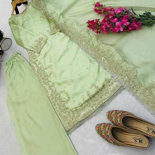 Pista Green Color Party Wear Embroidery Work Palazzo Suit