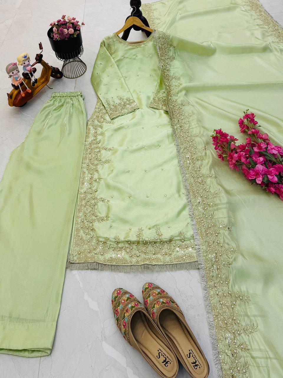 Pista Green Color Party Wear Embroidery Work Palazzo Suit