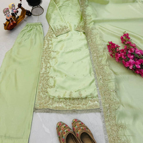 Pista Green Color Party Wear Embroidery Work Palazzo Suit