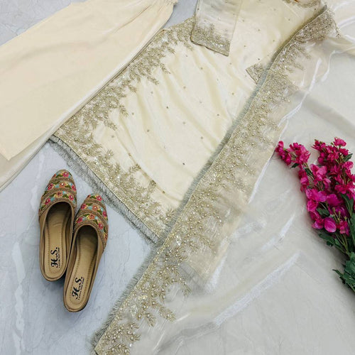 Cream Color Party Wear Embroidery Work Palazzo Suit