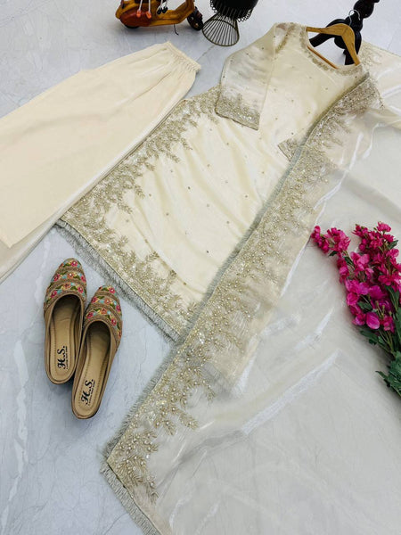 Cream Color Party Wear Embroidery Work Palazzo Suit