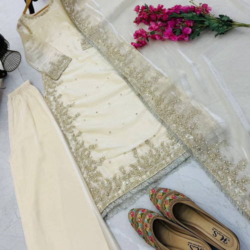 Cream Color Party Wear Embroidery Work Palazzo Suit