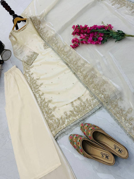 Cream Color Party Wear Embroidery Work Palazzo Suit