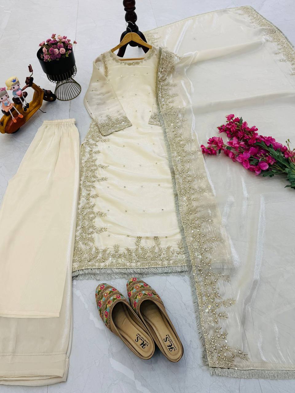 Cream Color Party Wear Embroidery Work Palazzo Suit