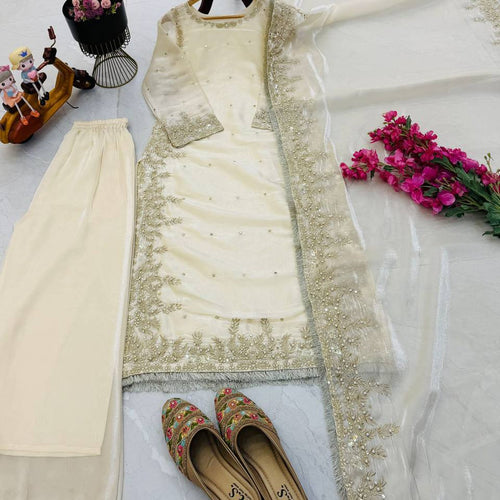 Cream Color Party Wear Embroidery Work Palazzo Suit