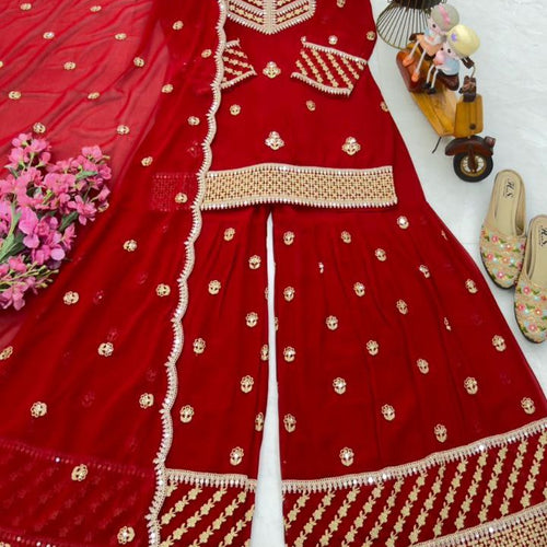 Red Wedding Wear Designer Georgette Embroidery Work Suit