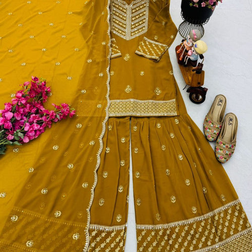 Yellow Wedding Wear Designer Georgette Embroidery Work Suit