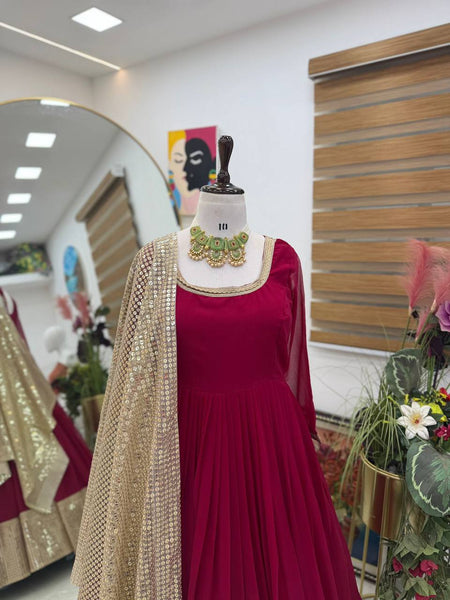 Red Color Party Wear Sequence Work Georgette Gown