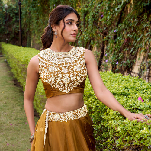 Gold Yellow Color Designer Party Wear Sequence Embroidery Lehenga