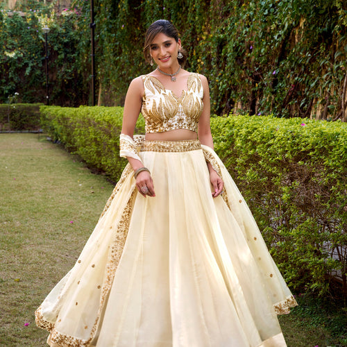 Cream Color Designer Party Wear Sequence Embroidery Lehenga