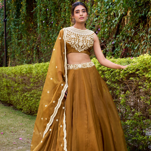 Gold Yellow Color Designer Party Wear Sequence Embroidery Lehenga