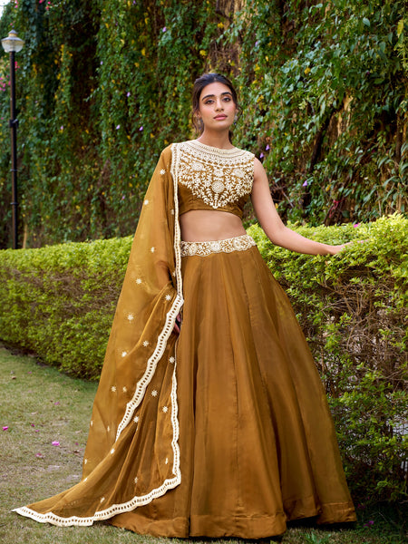 Gold Yellow Color Designer Party Wear Sequence Embroidery Lehenga