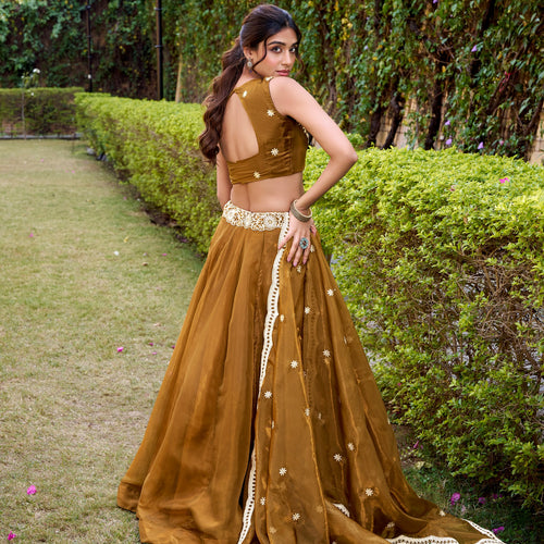 Gold Yellow Color Designer Party Wear Sequence Embroidery Lehenga