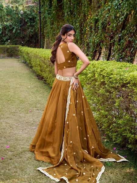 Gold Yellow Color Designer Party Wear Sequence Embroidery Lehenga