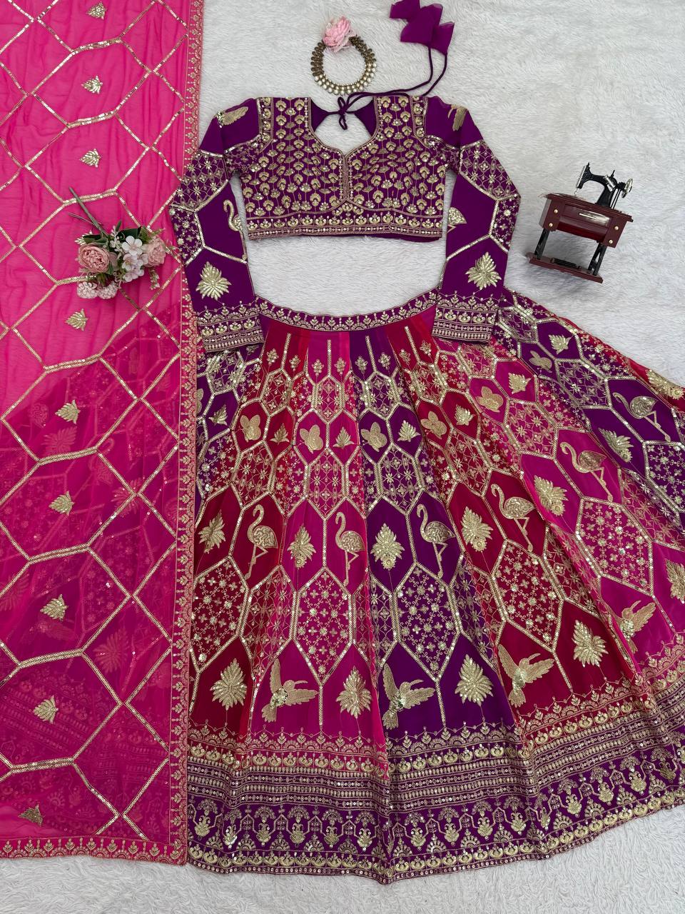 Pink Color Sequence Work Wedding Wear Georgette Lehenga Choli