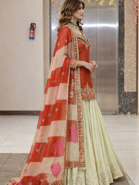 Orange - Cream Color Wedding Wear Designer Top with Lehenga