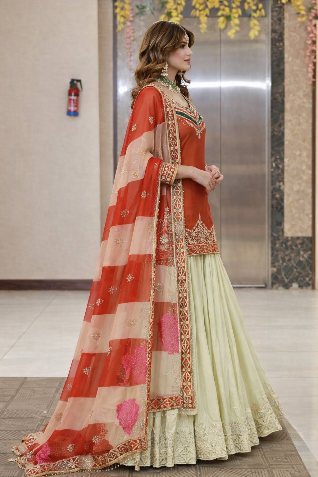 Orange - Cream Color Wedding Wear Designer Top with Lehenga