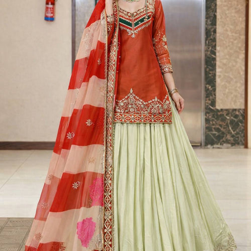 Orange - Cream Color Wedding Wear Designer Top with Lehenga