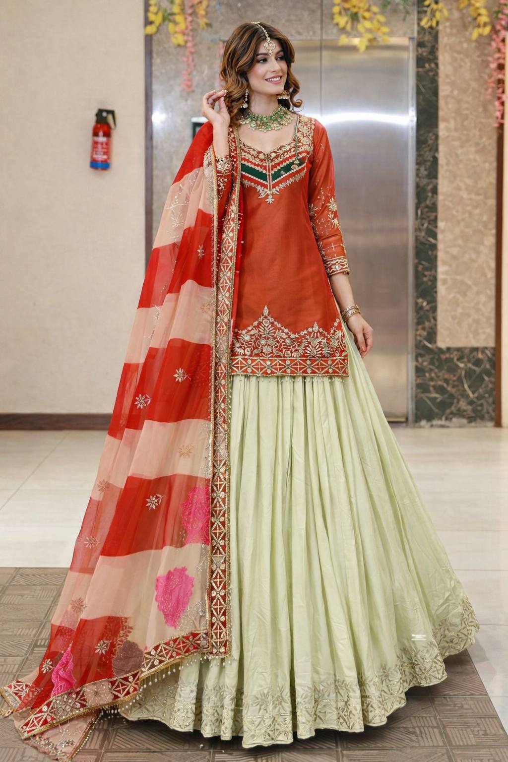 Orange - Cream Color Wedding Wear Designer Top with Lehenga