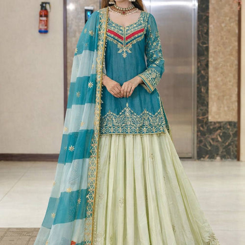 Rama - Cream Color Wedding Wear Designer Top with Lehenga
