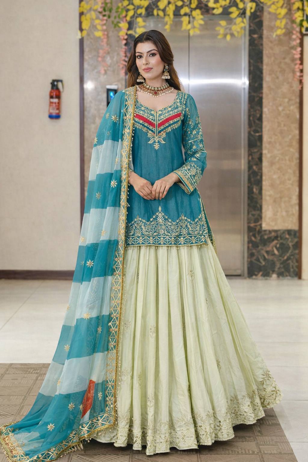Rama - Cream Color Wedding Wear Designer Top with Lehenga