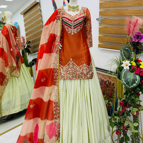 Orange - Cream Color Wedding Wear Designer Top with Lehenga