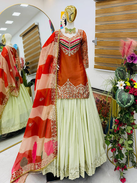 Orange - Cream Color Wedding Wear Designer Top with Lehenga