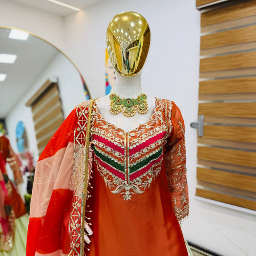 Orange - Cream Color Wedding Wear Designer Top with Lehenga