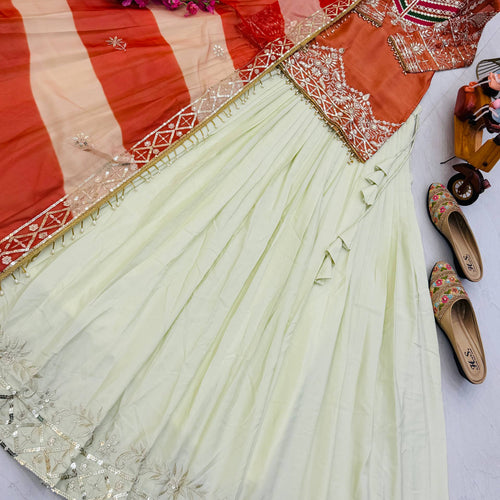 Orange - Cream Color Wedding Wear Designer Top with Lehenga