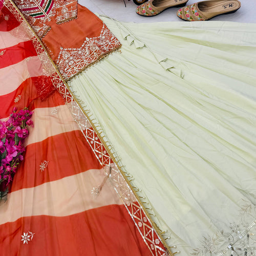 Orange - Cream Color Wedding Wear Designer Top with Lehenga