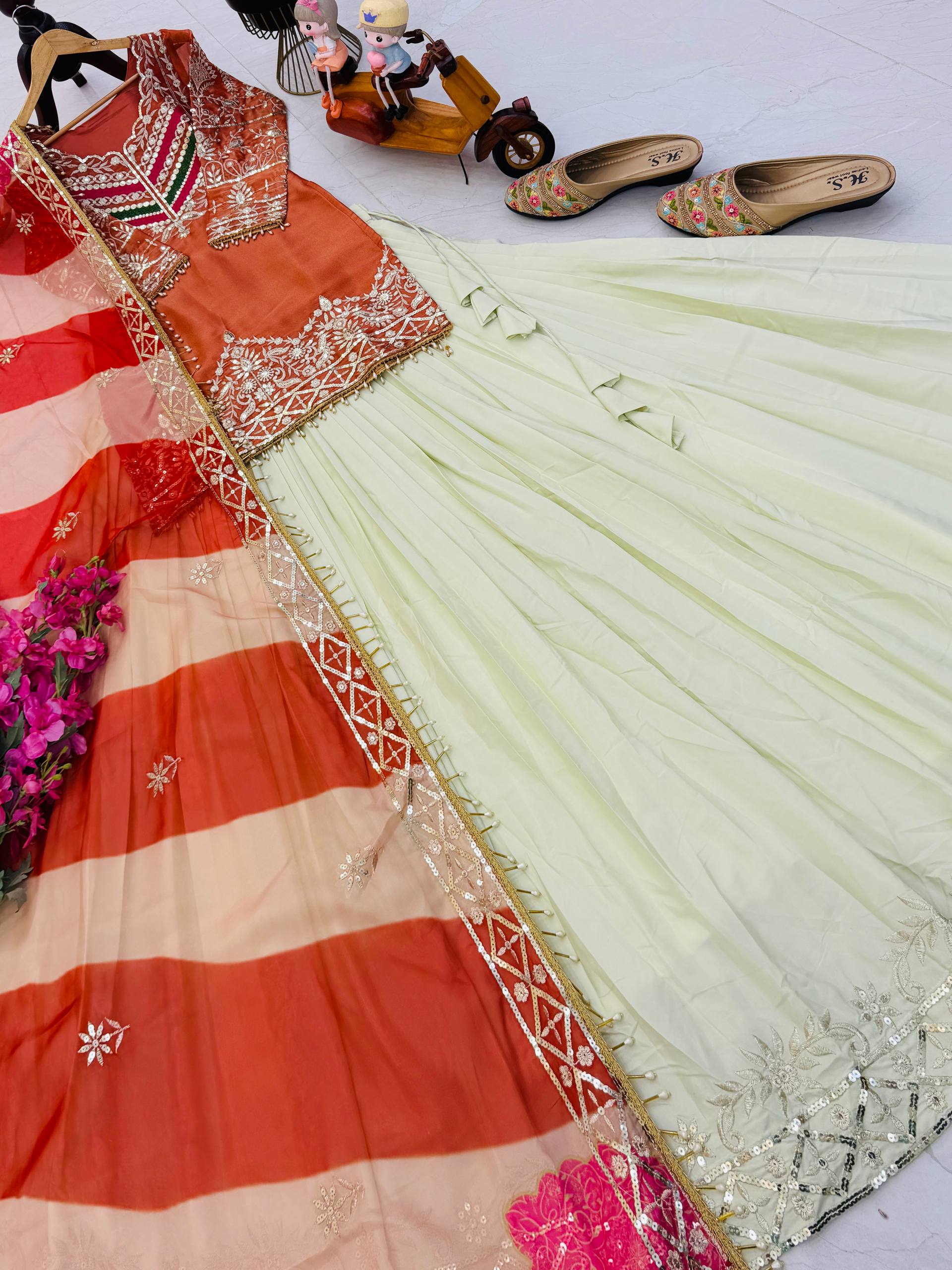 Orange - Cream Color Wedding Wear Designer Top with Lehenga