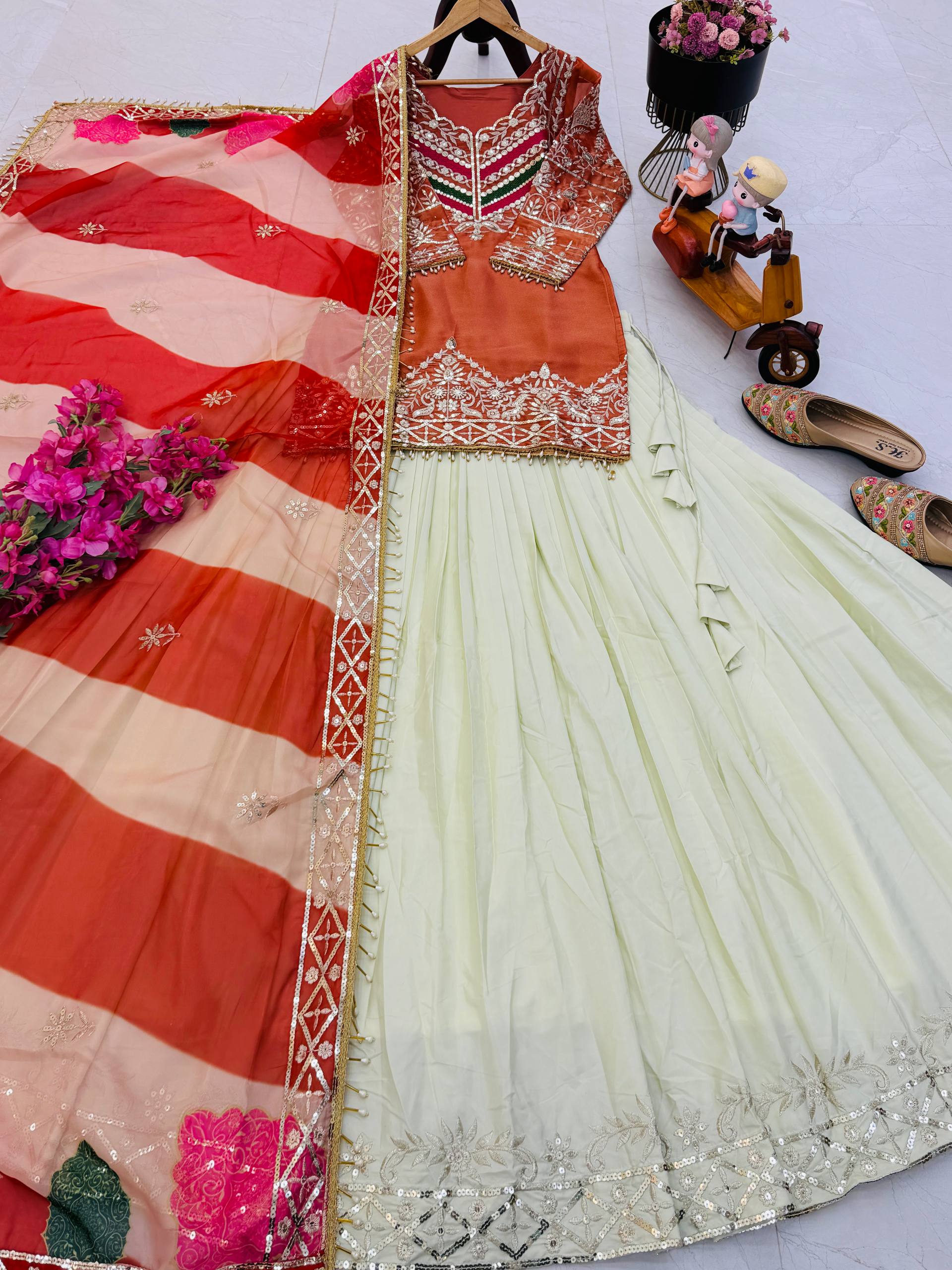 Orange - Cream Color Wedding Wear Designer Top with Lehenga