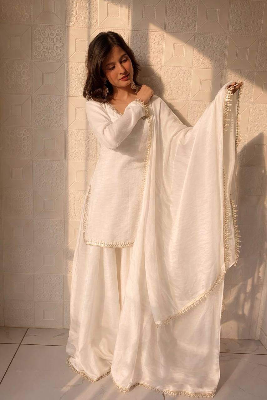 White Color Party Wear Silk Designer Palazzo Suit