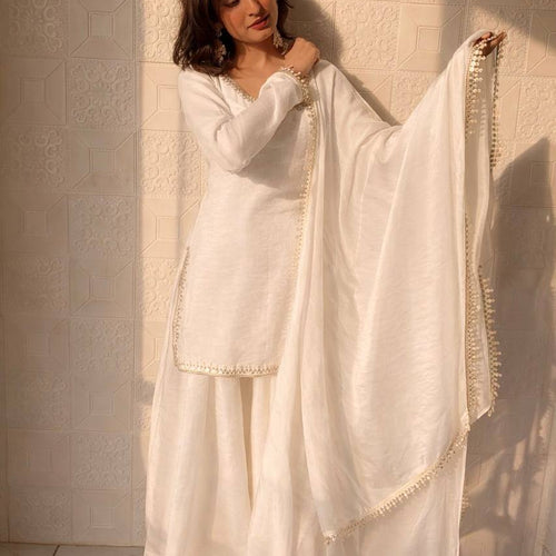 White Color Party Wear Silk Designer Palazzo Suit