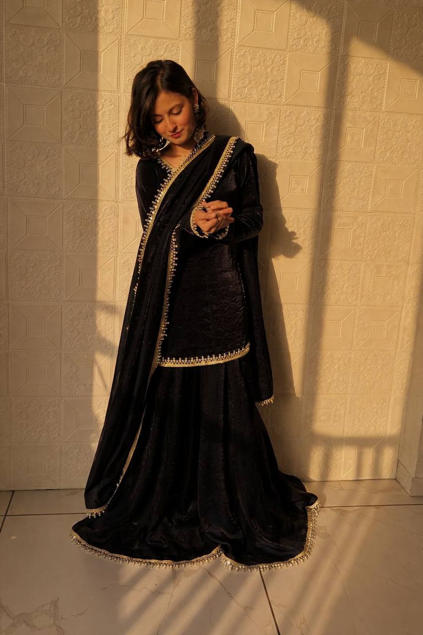 Black Color Party Wear Silk Designer Palazzo Suit