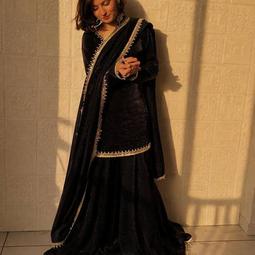 Black Color Party Wear Silk Designer Palazzo Suit