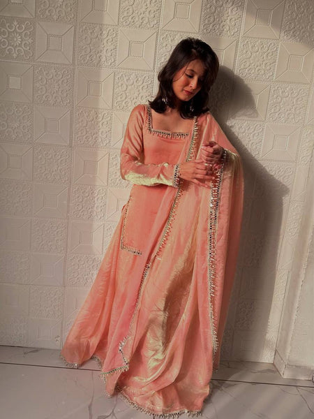 Peach Color Party Wear Silk Designer Palazzo Suit
