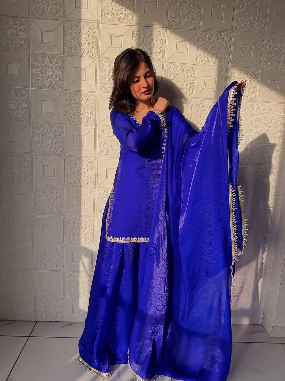 Royal Blue Color Party Wear Silk Designer Palazzo Suit