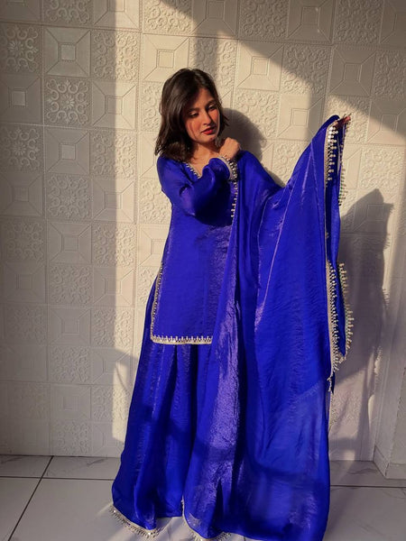 Royal Blue Color Party Wear Silk Designer Palazzo Suit