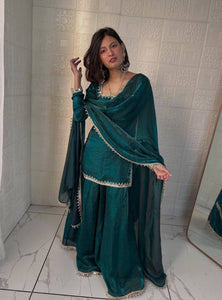 Green Color Party Wear Silk Designer Palazzo Suit