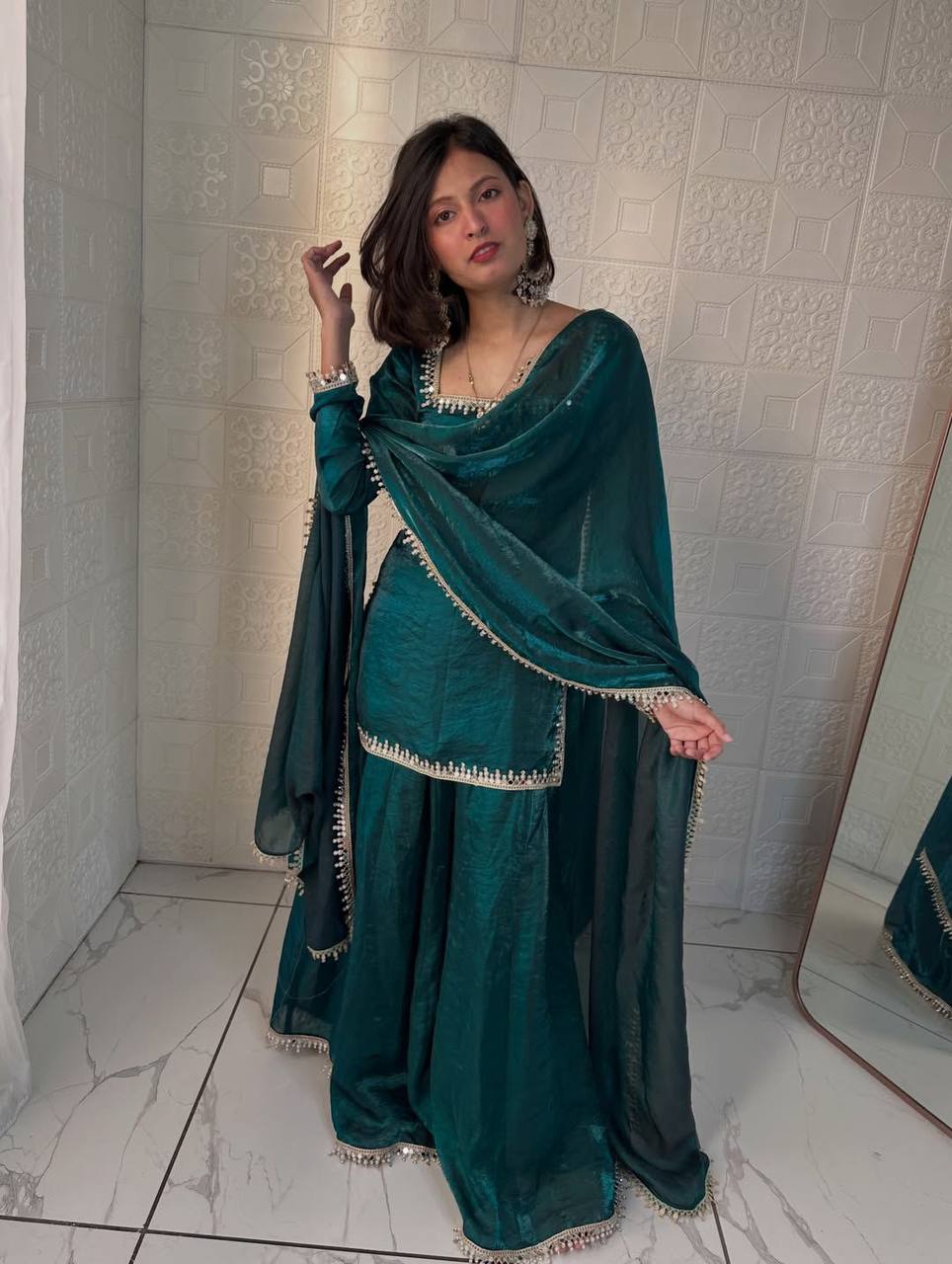 Green Color Party Wear Silk Designer Palazzo Suit