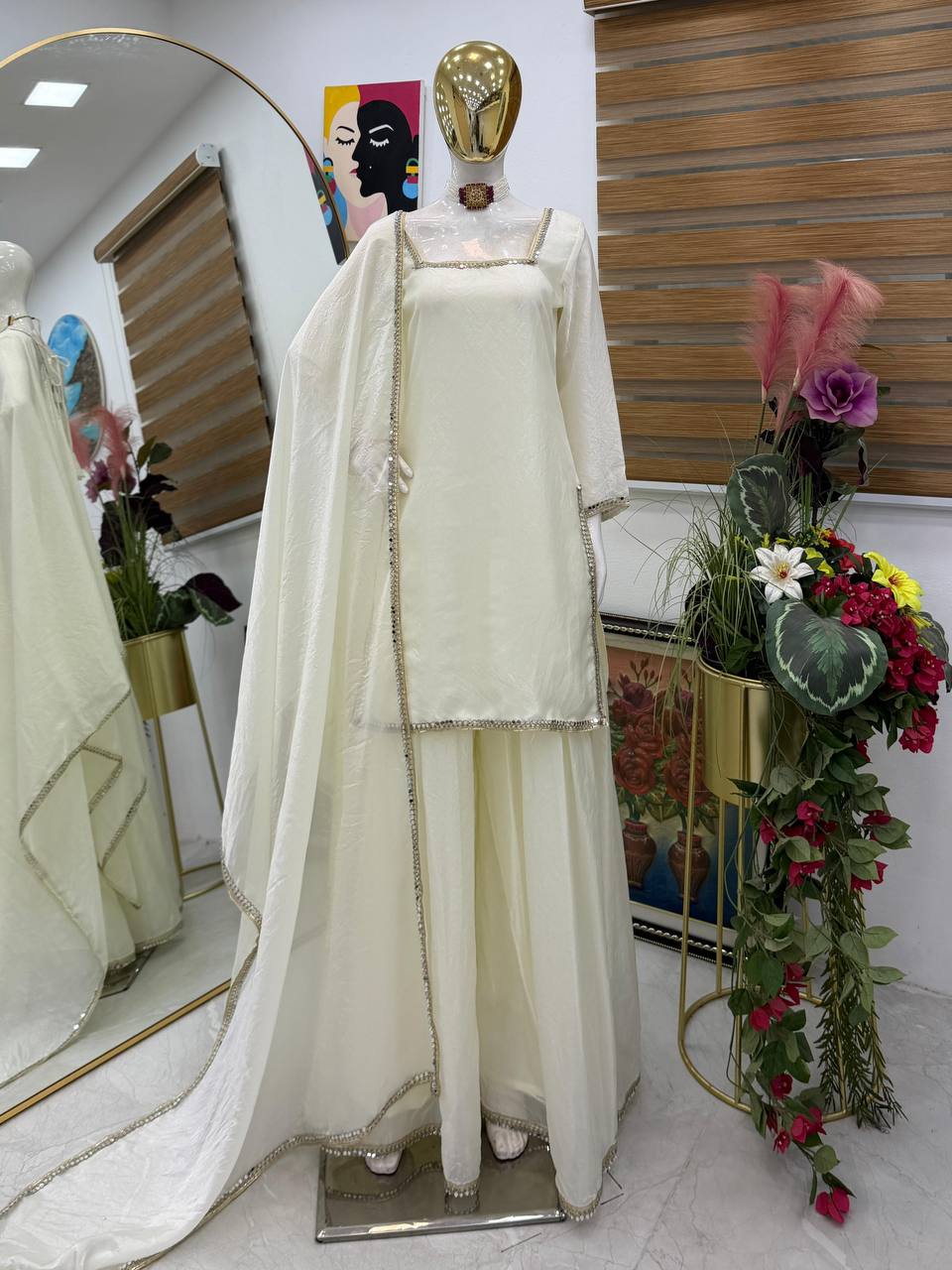 White Color Party Wear Silk Designer Palazzo Suit