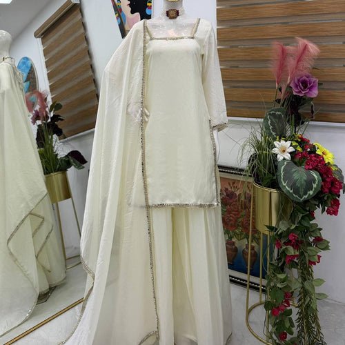 White Color Party Wear Silk Designer Palazzo Suit