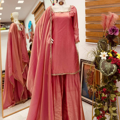 Peach Color Party Wear Silk Designer Palazzo Suit