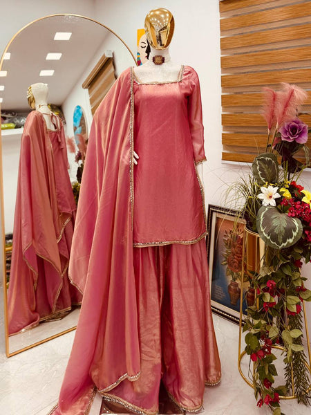 Peach Color Party Wear Silk Designer Palazzo Suit