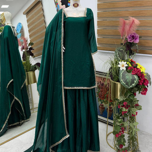Green Color Party Wear Silk Designer Palazzo Suit