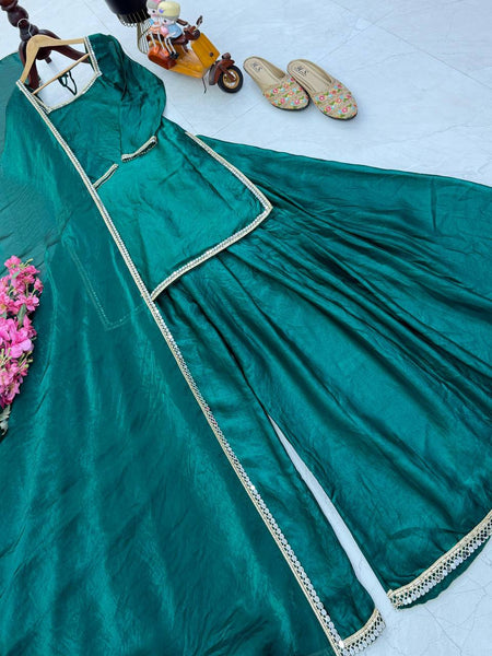 Green Color Party Wear Silk Designer Palazzo Suit
