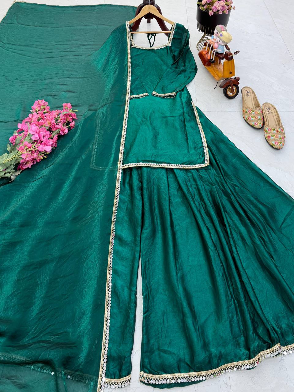 Green Color Party Wear Silk Designer Palazzo Suit