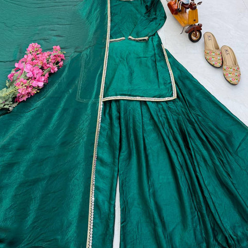 Green Color Party Wear Silk Designer Palazzo Suit